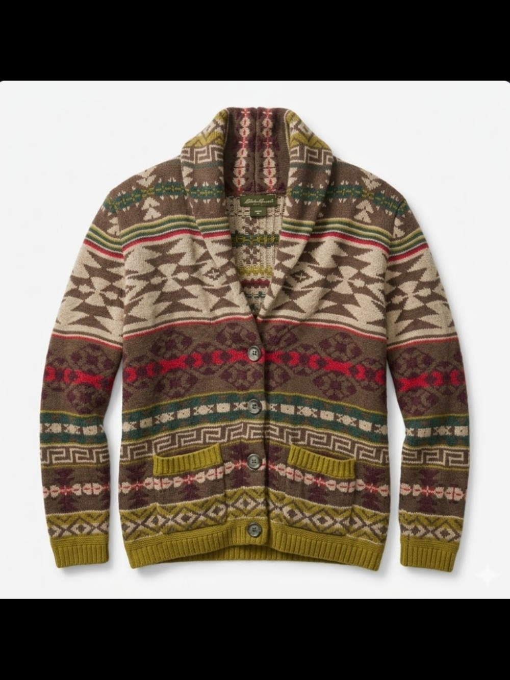 Eddie Bauer Shawl Collar Fair Isle Cardigan - Olive, Red, Cream